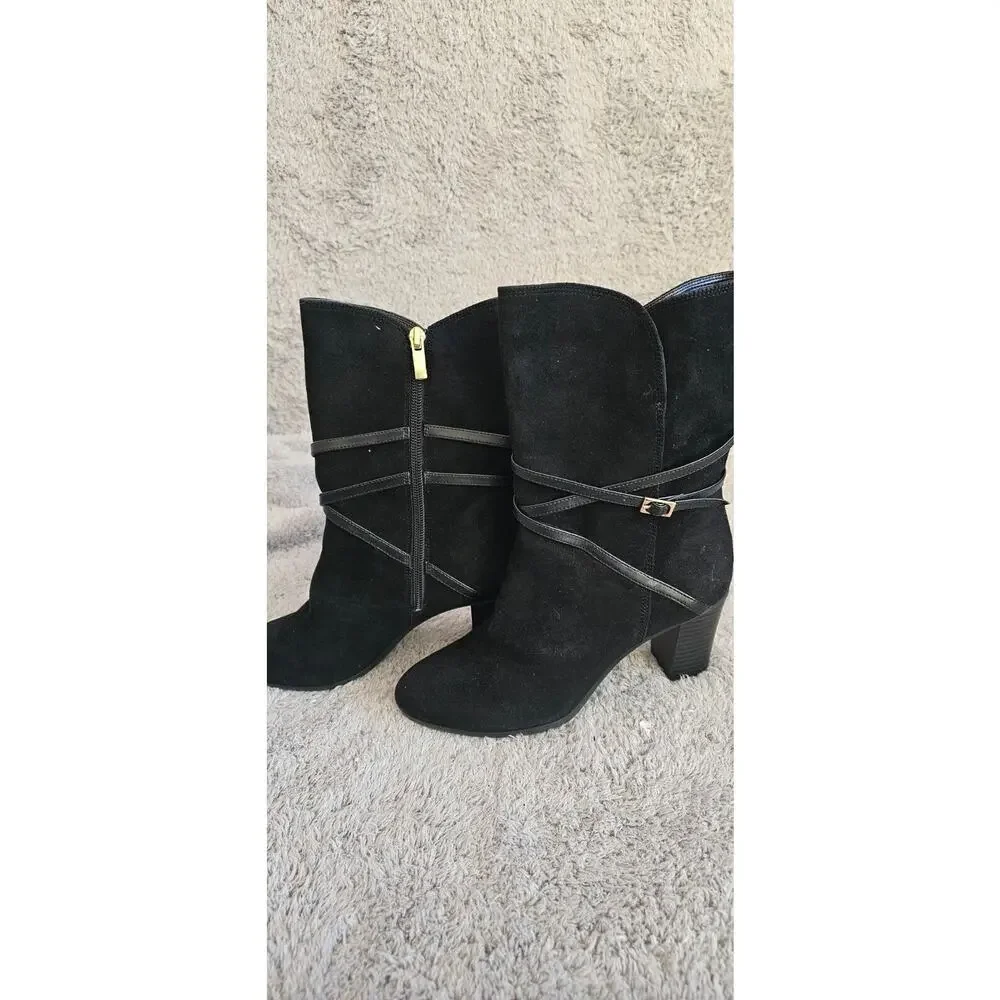 Isaac‎ Mizrahi Scooter Black Suede Leather High Ankle Heeled Boots Womens 6.5M